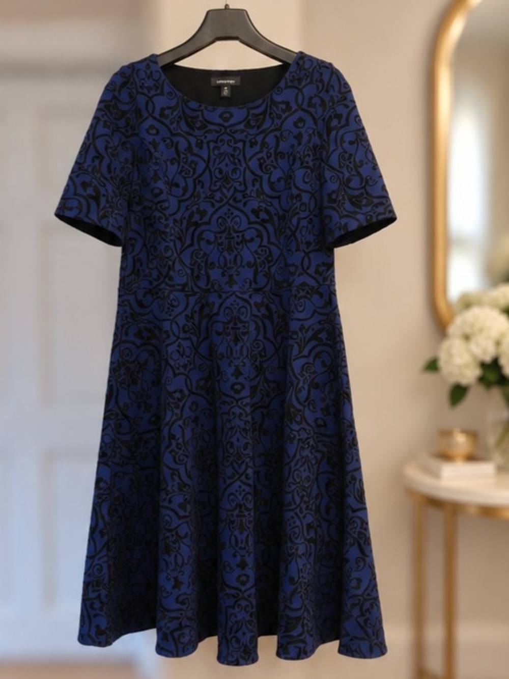 Lands' End Navy Blue Dress with Damask Embossed Pattern Size M